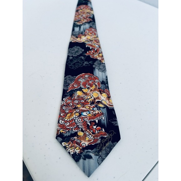 Ed Hardy by Christian Audigier Black Gray Orange Chinese Dragon 100% Silk Tie - Picture 4 of 10